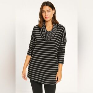 Cable & Gauge Black and Gray Striped Cowl Neck Sweater